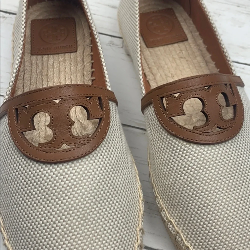 Tory Burch Sidney Flats Espadrille Slip On Logo Leather Brown Tan New 8 1/2 - Picture 5 of 5